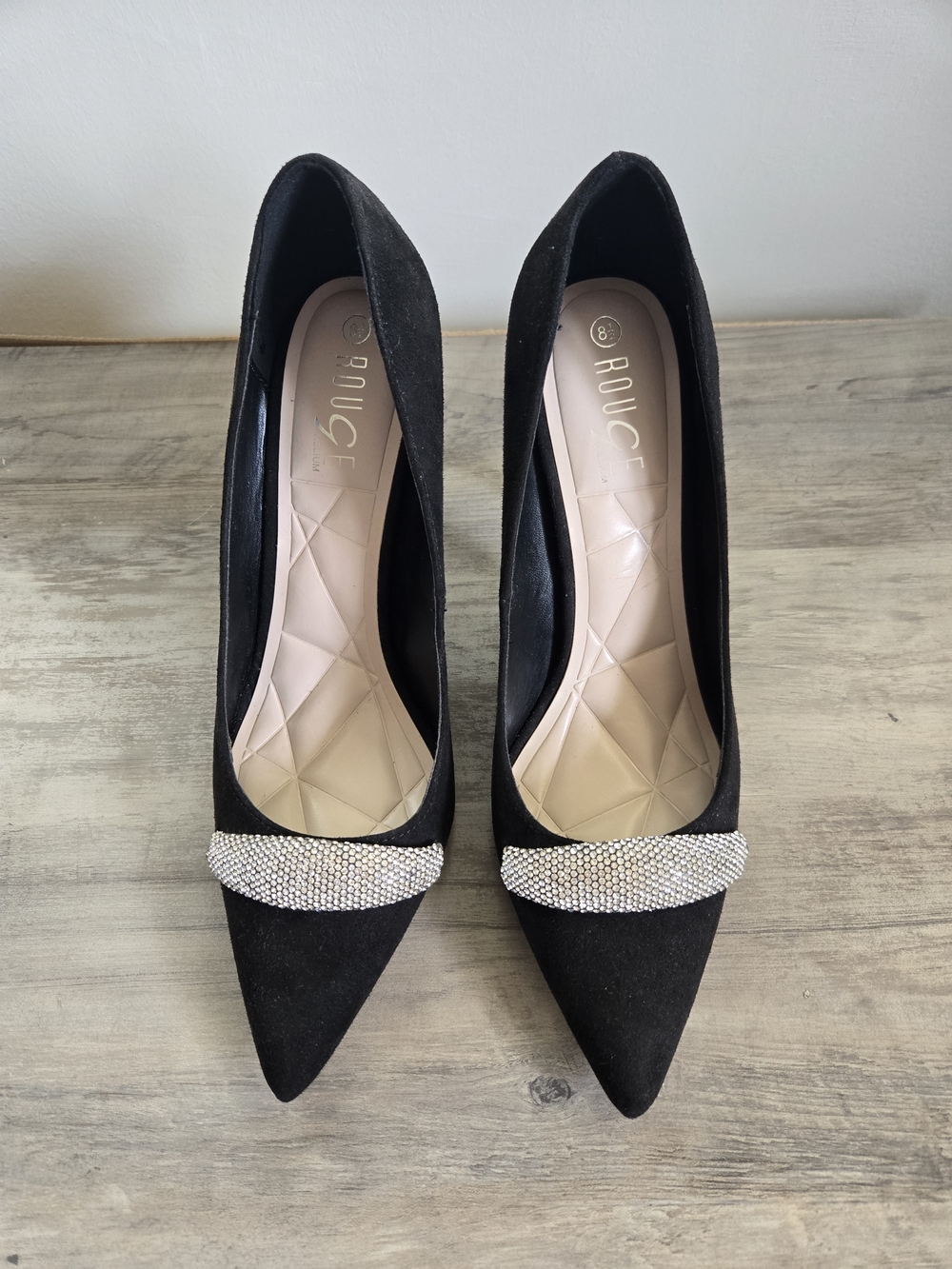 Rouge Helium Black Pointed Toe Rhinestone Strap Pumps